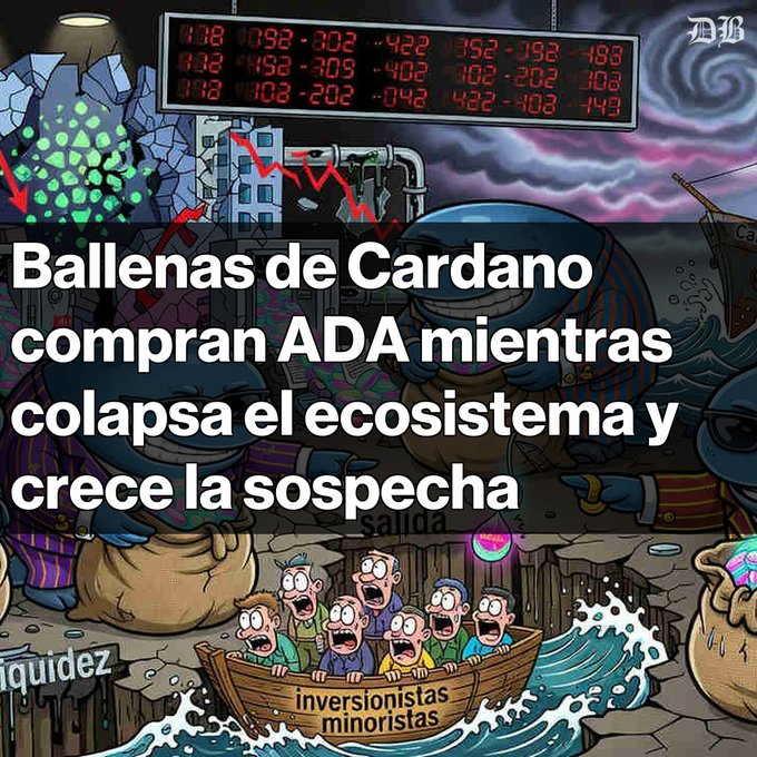 The image features a cartoon of a group of people in a boat with a giant whale as their mascot, and they are being pressured by a large wave against them. The ocean appears to be filled with seaweed and other debris, indicating that it's not a typical marine environment. There is text at the bottom of the picture that says "Colapso en el ecosistema de Cardano: las ballenas están comprando ADA. Mientras el valor total bloqueado cae un 87% desde su pico a USD $94 millones Grandes carteras acumulan tokens, en medio de una falta de confianza y gobernanza cuestionada. Los operadores minoristas". The image is related to the post about bitcoin because it portrays an interesting, albeit unusual, situation where people are being forced into the sea with a giant whale. This may be compared to how bitcoin has been portrayed in some media content or how the Bitcoin community has been criticized for its lack of transparency and perceived manipulation.