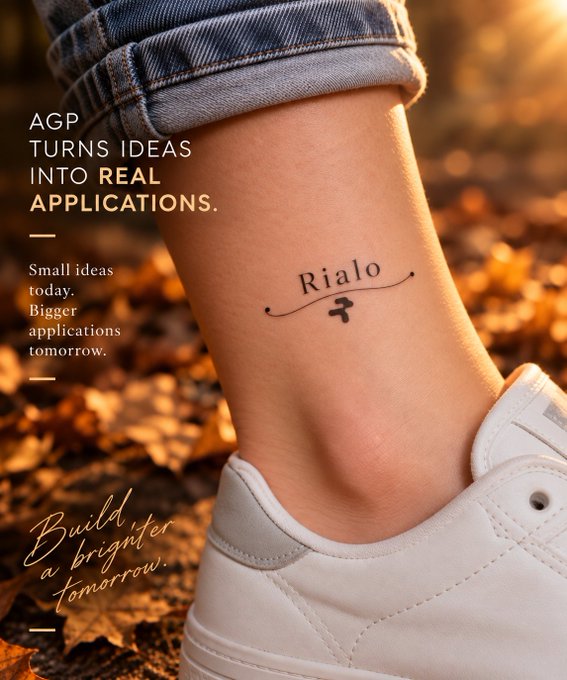 An advertisement for AGP shows an ankle tattoo reading 'Rialo' with a small airplane, accompanied by text stating 'AGP TURNS IDEAS INTO REAL APPLICATIONS' and 'Build for a bright tomorrow'.