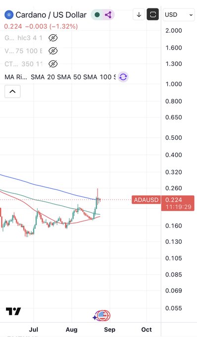 A TradingView chart displays the Cardano / US Dollar (ADAUSD) cryptocurrency pair at 0.224 USD, showing a -1.32% decline with various moving averages (SMA 20, 50, 100) plotted on the price action.