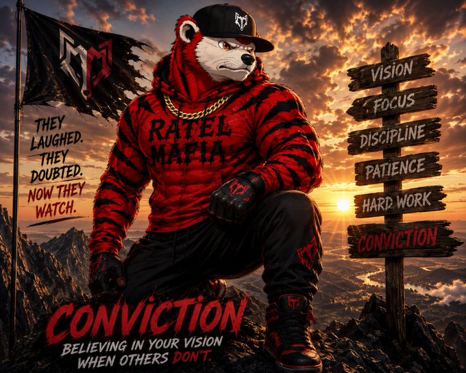 A motivational graphic featuring an anthropomorphic tiger in red 'RATEEL MAFIA' athletic wear, accompanied by a signpost listing 'VISION, FOCUS, DISCIPLINE, PATIENCE, HARD WORK, CONVICTION' and the bottom text 'CONVICTION: BELIEVING IN YOUR VISION WHEN OTHERS DON'T.'