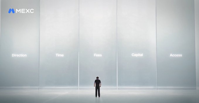 A minimalist advertisement for MEXC featuring a small figure standing before five large doors labeled 'Direction', 'Time', 'Fees', 'Capital', and 'Access'.