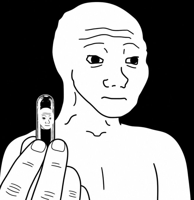 A black and white line drawing (Wojak-style meme) of a bald figure holding up a small vial or capsule containing another tiny Wojak face.