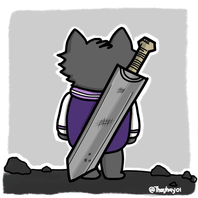 A cartoon cat character with spiky black fur, wearing a purple vest over a white shirt, stands with its back to the viewer while carrying a massive, battle-worn sword. The image, signed "@thayhayoi" in the corner, visually represents the artist's heroic commitment to diving into the NFT space and creating artwork for communities and projects in September.