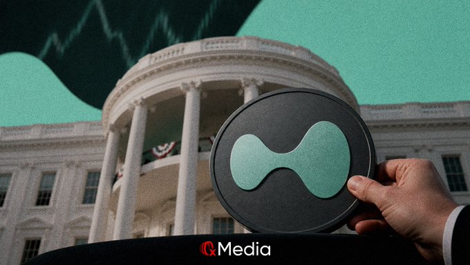 A hand holds a circular sign featuring the teal cryptocurrency logo for Hedera (HBAR) in front of the White House, with a 'Q Media' watermark at the bottom.