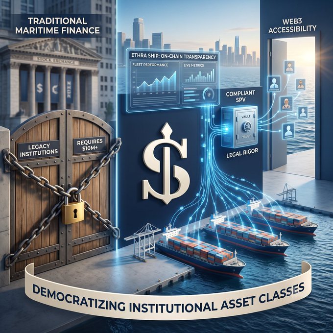A digital infographic contrasting 'Traditional Maritime Finance' (depicted as a chained, locked door requiring $10M+ and legacy institutions) with 'Web3 Accessibility' featuring 'Ethra Ship: On-Chain Transparency,' compliance SPVs, vaults, and shipping containers, with a banner reading 'Democratizing Institutional Asset Classes.'