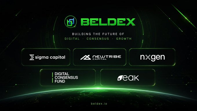 A promotional graphic for BELDEX featuring the tagline 'BUILDING THE FUTURE OF DIGITAL - CONSENSUS - GROWTH' with logos of partner companies including sigma capital, NEWTRIBE CAPITAL, nxgen, DIGITAL CONSENSUS FUND, and peak.