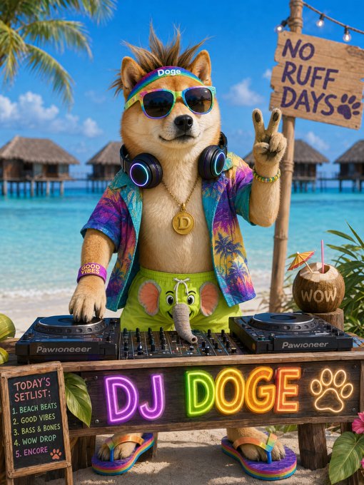 A digital illustration shows a Shiba Inu dog styled as 'DJ DOGE' at a tropical beach DJ setup. The dog wears a 'Doge' headband, neon sunglasses, a colorful Hawaiian shirt, and green elephant-print shorts, with a sign reading 'NO RUFF DAYS' and a setlist chalkboard visible.