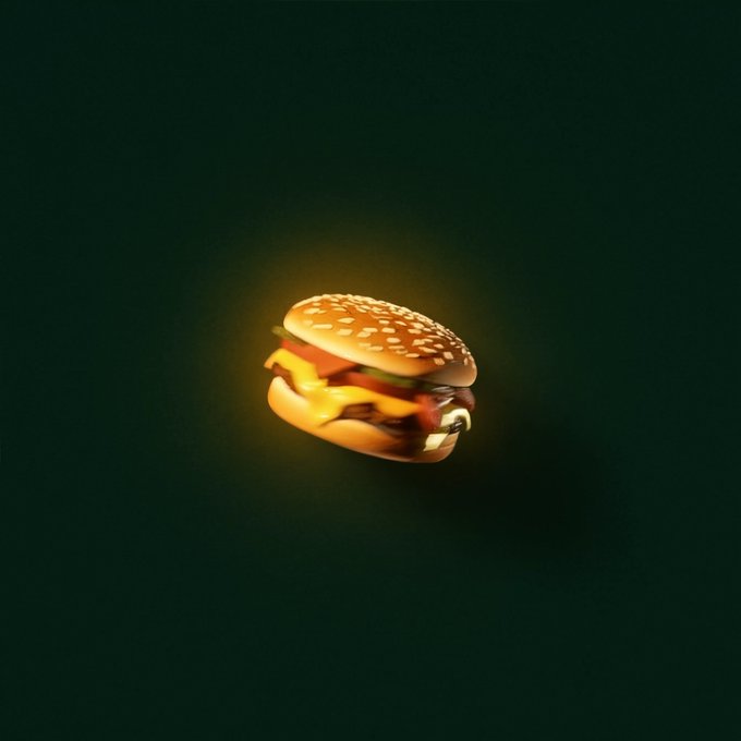 A glowing cheeseburger rendered in 3D, floating against a dark background with a soft warm light surrounding it.