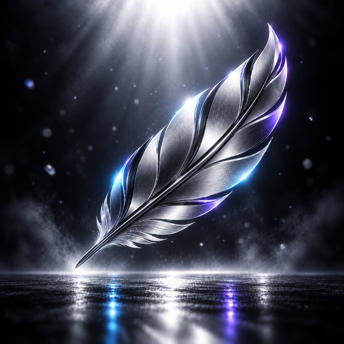 A metallic silver feather with glowing blue and purple highlights floats above a reflective dark surface, illuminated by a dramatic spotlight. The image evokes themes of weightlessness, elegance, and launching something new into the spotlight—mirroring the introduction of "Blip" as a new launchpad for AI profile agents being unveiled to the crypto community.