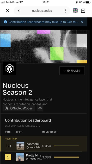 A screenshot of the NucleusCodes leaderboard shows user "@baomobile..." ranked 331st with 0.05% mindshare, while the top-ranked user "Pretty Mira" holds 3.38%, illustrating the poster's concern about their declining rank on the Contribution Leaderboard for Nucleus Season 2.