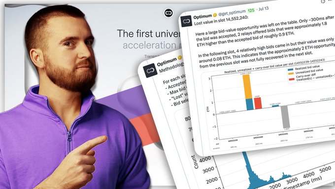 A promotional image features a man pointing at text reading 'The first unive...' alongside overlaid screenshots of MEV analysis tweets discussing lost ETH value.
