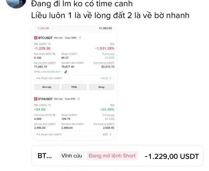 A Vietnamese-language crypto trading screenshot showing BTCUSDT and ETHUSDT perpetual positions with significant losses, including a -$1,229.00 USDT short position order.