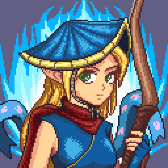A pixel art illustration of a blonde, blue-eyed female warrior wearing a conical blue hat and wielding a staff, surrounded by glowing blue flames, evoking the mystical "new legend" being forged in the Fabled Chronicles collection on the Robinhood Chain.