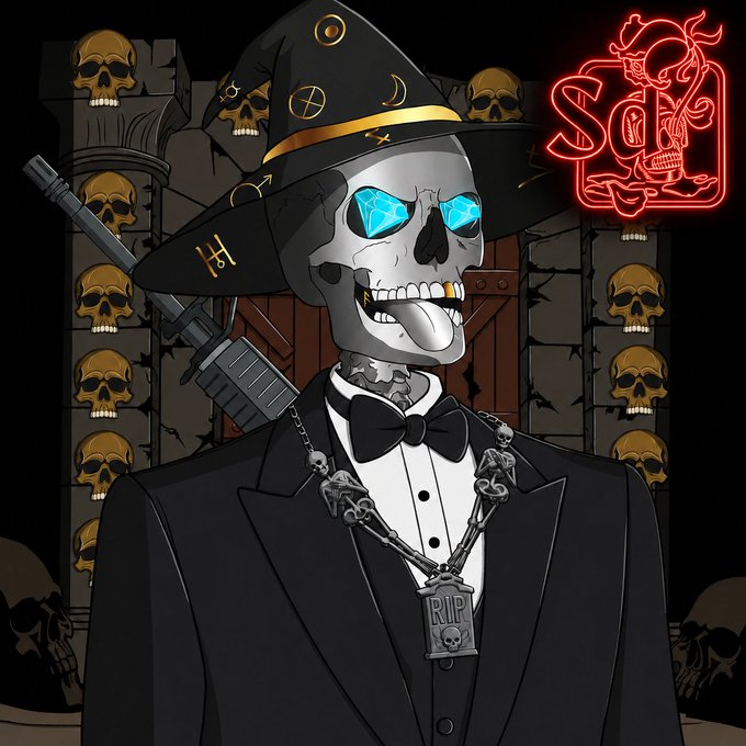 A digital illustration of a skeleton character dressed in a black suit, bow tie, and a witch/wizard hat with symbols, sporting glowing blue diamond eyes and an 'RIP' medallion, set against a wall of skulls with a red neon 'SOL' sign.