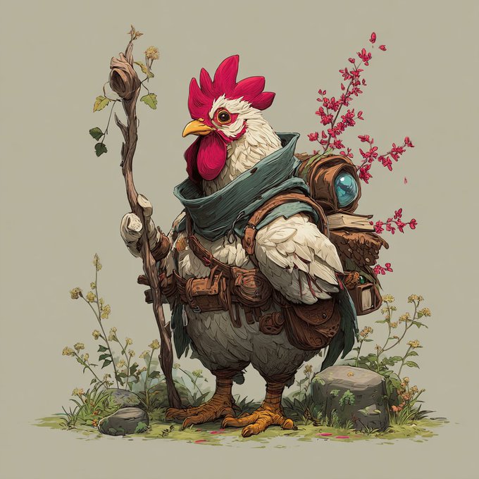 A detailed illustration of an anthropomorphic rooster dressed as a fantasy traveler/adventurer, wearing a scarf and leather satchels, holding a wooden staff, and carrying cherry blossom branches on its back, standing in a grassy setting.