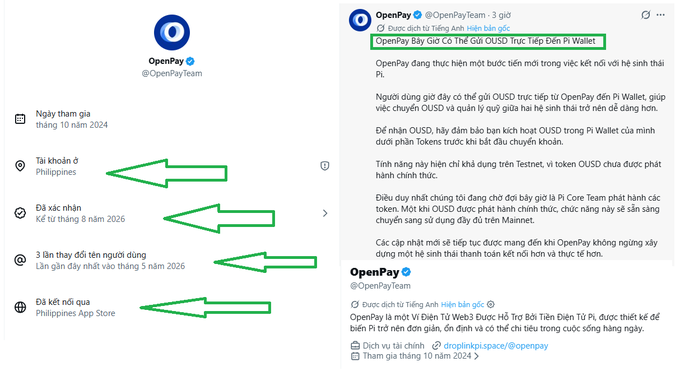 OpenPay Twitter profile showing a pinned tweet about OUSD on Pi Wallet, with arrows highlighting the account location (Philippines), expiration date (August 2026), username change date, and app store location (Philippines App Store).