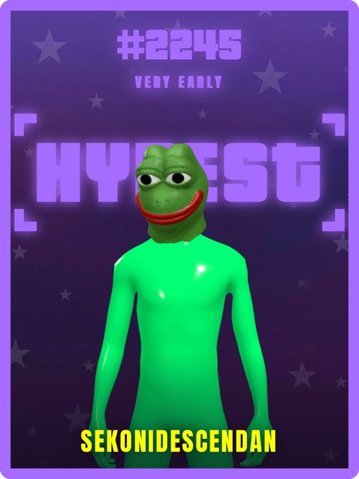 A digital collectible card labeled '#2245 VERY EARLY HYPEST' features a green figure with a Pepe the Frog head on a purple starry background, with the username 'SEKONIDESCENDAN' at the bottom.