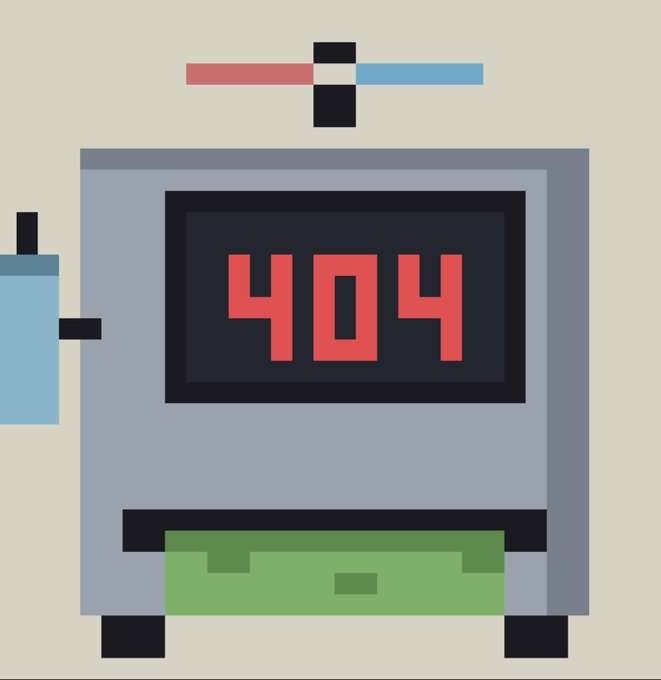 A pixel art illustration of an ATM-like machine displaying '404' in red digital numbers, with a green dollar bill sticking out of the dispenser slot.