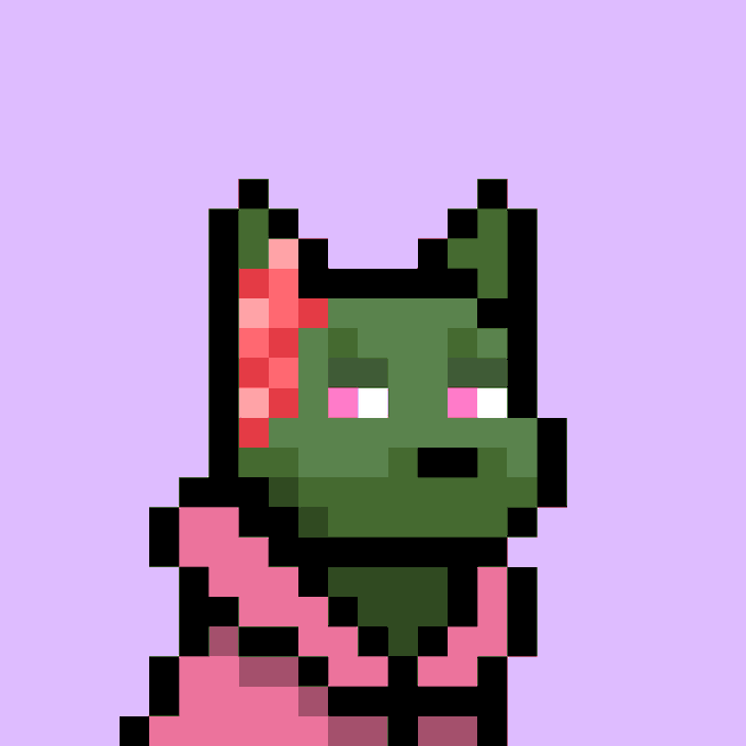 A pixel art illustration of a green dog-like creature with a pink body and dark green ears/head accent, displayed against a lavender background. The image represents Doginal Dog #7637 from the Doginal Dogs collection, an NFT being sold for 65,500 DOGE (approximately $4,632 USD).