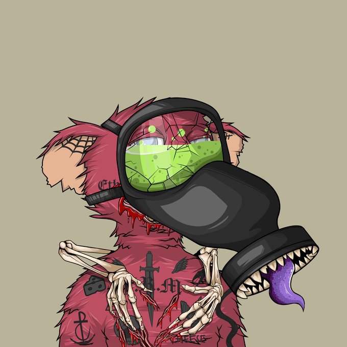 A surreal digital illustration of a pink furry creature wearing a cracked gas mask filled with green liquid, featuring skeletal hands and dark tattoos.