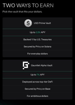 A 'TWO WAYS TO EARN' screen showing the USD Prime Vault (up to 3.3% APY) and the Gauntlet Alpha Vault (up to 7% APY).