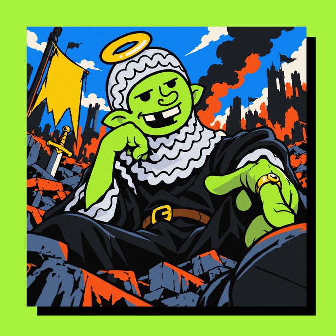 A colorful pop-art style illustration of a green-skinned character wearing a ruffled white collar and a halo, sitting amid rubble with a sword and burning castle in the background.