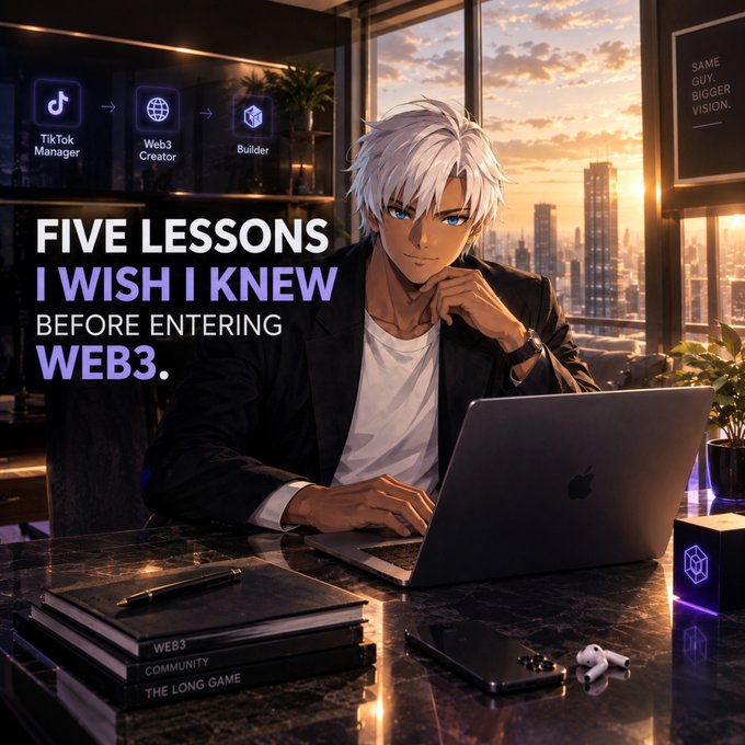 An anime-style thumbnail titled "FIVE LESSONS I WISH I KNEW BEFORE ENTERING WEB3" features a silver-haired man at a laptop, alongside icons for TikTok Manager, Web3 Creator, and Builder.
