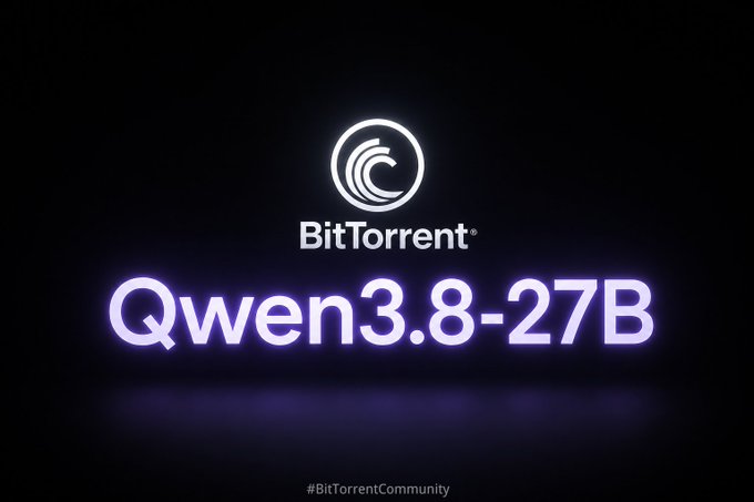 Graphic on a black background displaying the BitTorrent logo above the text "Qwen3.8-27B" in glowing purple letters, with the hashtag "#BitTorrentCommunity" at the bottom.