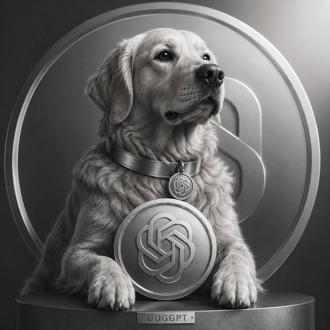 A monochromatic silver sculpture of a golden retriever dog wearing a collar with a tag, sitting on a pedestal labeled 'DOGGPT' with large coin-like emblems in the background.