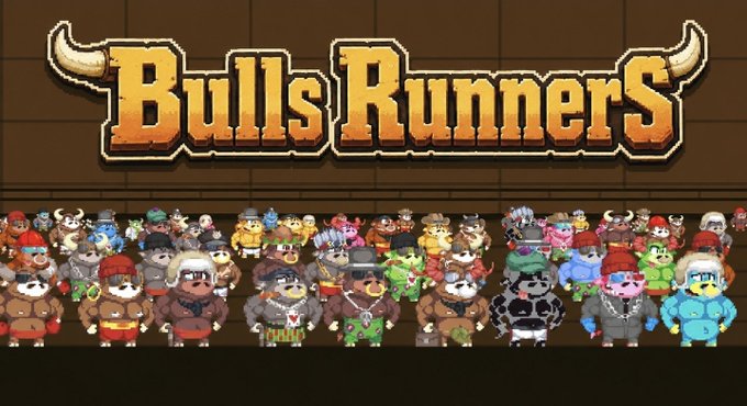 Promotional image for 'Bulls Runners' featuring the game logo in western-style text above a crowd of pixel-art characters, including various bulls, cows, and animals dressed in different outfits.