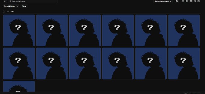 A dark-themed digital gallery interface titled 'Script Kiddies' showing multiple rows of identical dark silhouettes of a person with a question mark over their face.