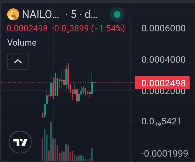 A TradingView chart displays the $NAILO token (Nailong) trading at 0.0002498, down 1.54% (-0.0000053899) on the 5-day timeframe, showing recent price action with both green and red candles amid declining volume bars. The image visually supports the post's claim about Nailong's rising market cap momentum by showing the token's active price chart and trading activity.