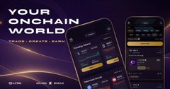 A promotional graphic for 'YOUR ONCHAIN WORLD' app with the tagline 'TRADE • CREATE • EARN,' showing mobile app interfaces.