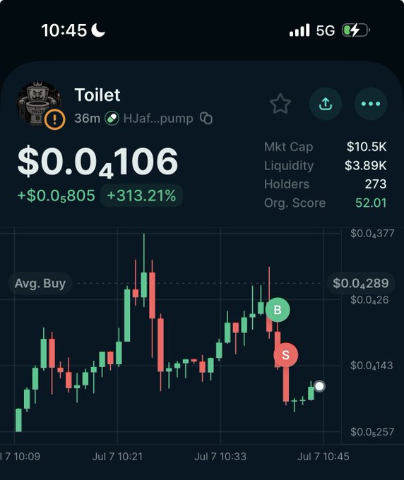 A mobile screenshot of a cryptocurrency trading app showing a token called 'Toilet' priced at $0.04106, up 313.21%, with a candlestick chart, market cap of $10.5K, and 273 holders.