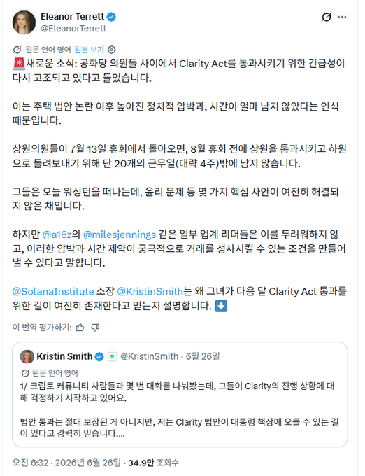 A screenshot of a Korean-language Twitter/X post by Eleanor Terrett (@EleanorTerrett) discussing the CLARITY Act and its potential to be passed into law after Senate negotiations scheduled between July 7-13, with mentions of @a16z's @milesjennings, @SolanaInstitute's @KristinSmith, and citing a June 26 tweet by Kristin Smith (@KristinSmith) about cryptocurrency legislation progress, accumulating 34.9K views by 6:32 AM on June 26, 2026.