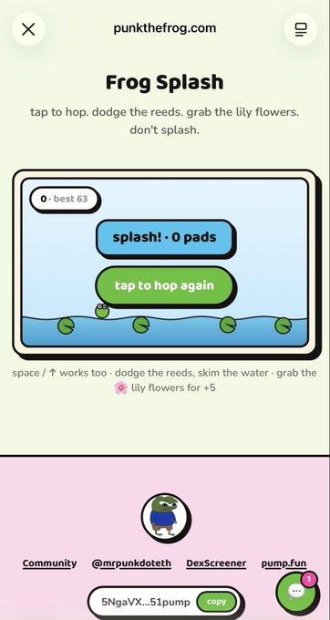 A mobile web view of 'Frog Splash' game on punkthefrog.com showing a game-over screen with 'splash! · 0 pads' and a 'tap to hop again' button, with lily pads visible in water and the token contract address '5NgaVX...51pump' displayed at the bottom.