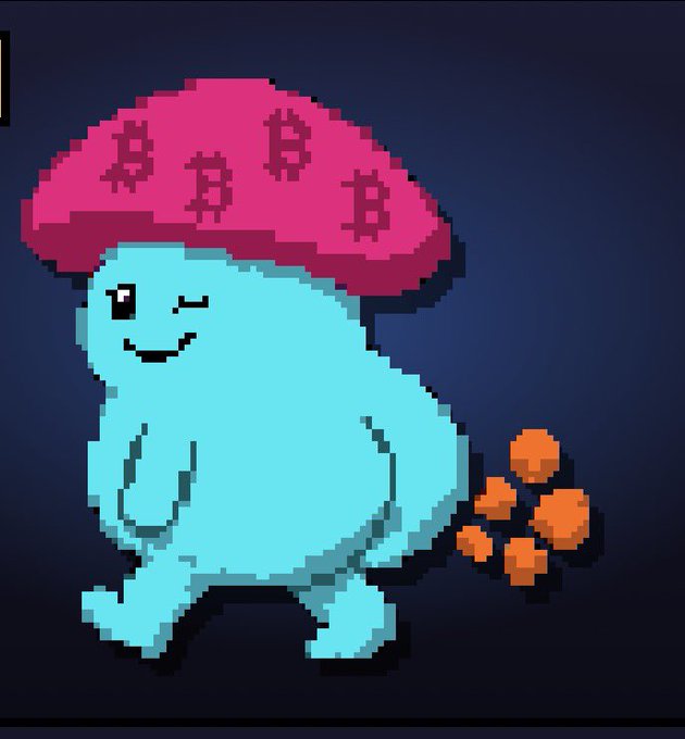 Pixel art of a light blue creature winking, wearing a pink hat covered in Bitcoin symbols, with small orange shapes trailing behind it.