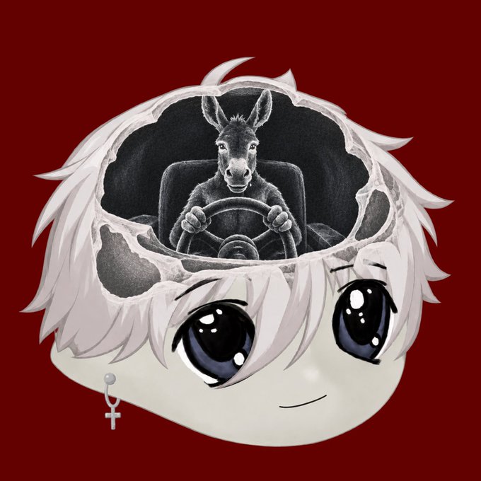 Digital artwork of an anime-style character with white hair and large blue eyes, featuring a cutaway head revealing a donkey sitting at a steering wheel inside.