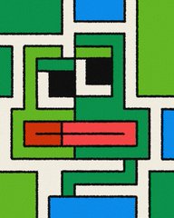 A pixelated retro-style illustration of a green robot-like character with a red mouth bar and black eye rectangles, surrounded by green and blue squares.