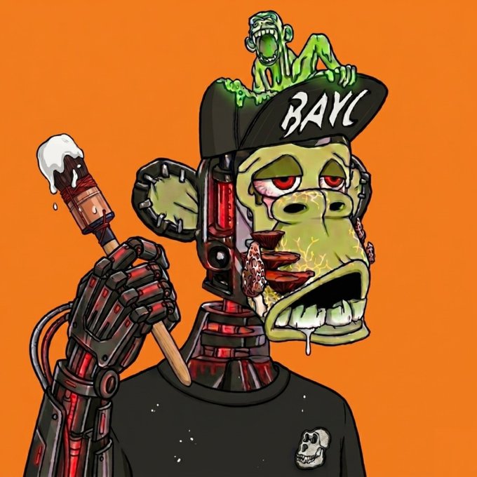 The image features a cartoon character with a face, dressed in black clothing, holding a paintbrush. The character has a robot-like appearance, giving them an industrial or futuristic look. The background of the image is orange, which contrasts with the character's dark attire and adds visual interest to the scene. There are no texts present in the image, but there is a caption that reads "Just hang up the phone and this dude is booked for the rest of the year Let’s get that bayc money". This caption seems unrelated to the main subject matter of the image, which is the cartoon character holding a paintbrush.