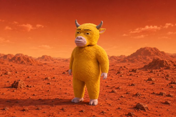 A whimsical, yellow, furry bull-like creature with horns stands alone on a barren, Mars-like red landscape under an orange sky—visually tying the post's mention of "Niu Lai" (牛来, meaning "bull comes" in Chinese) and "Marscoin" to the imagery of a bullish newcomer arriving on the red planet.
