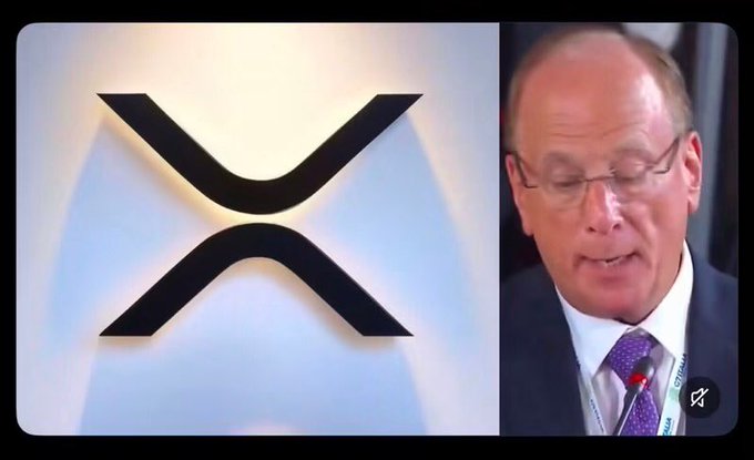 The image shows a man in a suit and tie speaking into a microphone at an event, with a lanyard visible that reads "SWIFT" and "tfin", alongside a prominent black and white XRP logo. The XRP logo connects to the post claiming BlackRock has revealed large exposure to XRP, though the man's identity and specific remarks cannot be confirmed from the image alone.