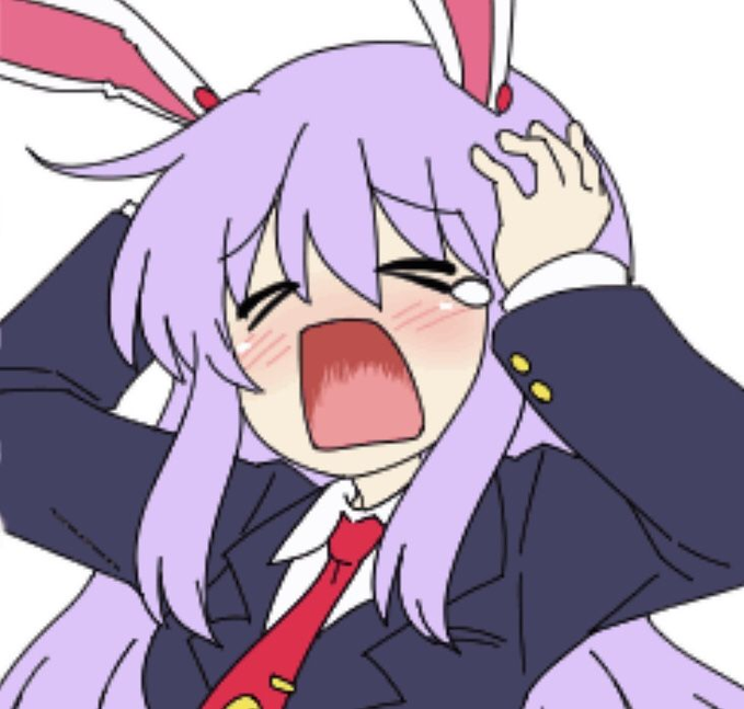 An anime-style illustration of a purple-haired character with bunny ears wearing a school uniform, screaming with a distressed expression and blushing cheeks.