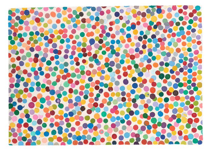 An abstract painting or artwork featuring a dense pattern of multicolored dots on a white background.