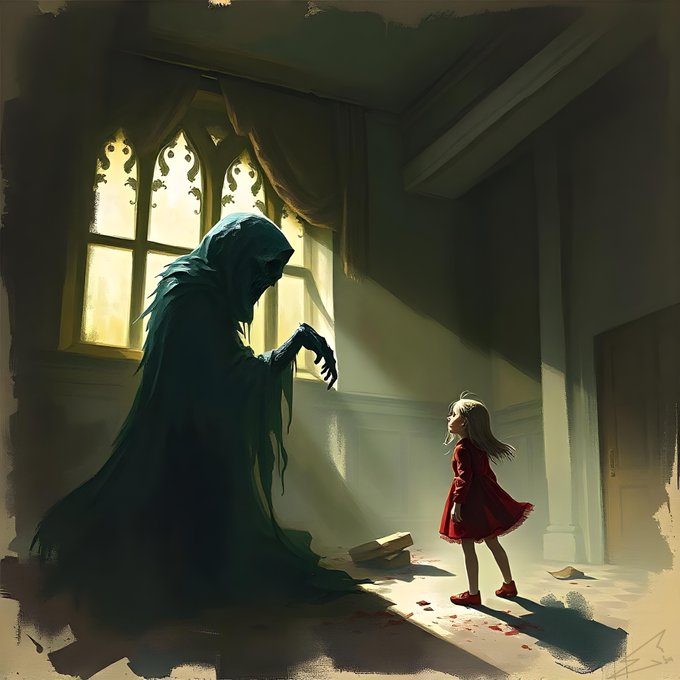 A dark, atmospheric illustration showing a large hooded shadowy figure with a skeletal hand reaching toward a small girl in a red dress inside a dimly lit room with a gothic window.