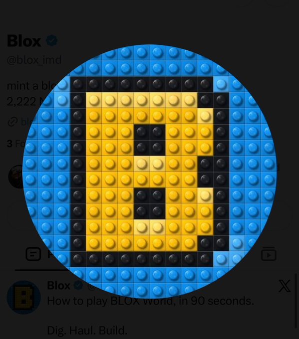 A circular profile picture for 'Blox' (@blox_jmd) showing a pixel-art design made of yellow and black Lego-like studs on a blue background, resembling a smiley face, with text about 'BLOX world' and 'Dig. Haul. Build.'
