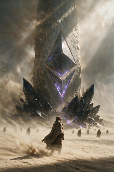 A lone cloaked figure stands before a massive stone monolith embedded with a glowing purple crystal in a dusty desert landscape.