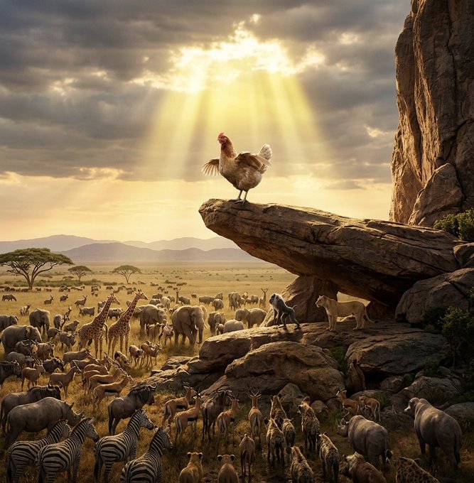 A regal chicken stands proudly atop a rocky outcrop bathed in golden sunlight, overlooking a vast savanna filled with diverse wildlife including zebras, elephants, giraffes, and lions—mirroring the post's triumphant "$AAAH" culture coin messaging, where the chicken is framed as a mighty king ruling over the animal kingdom.