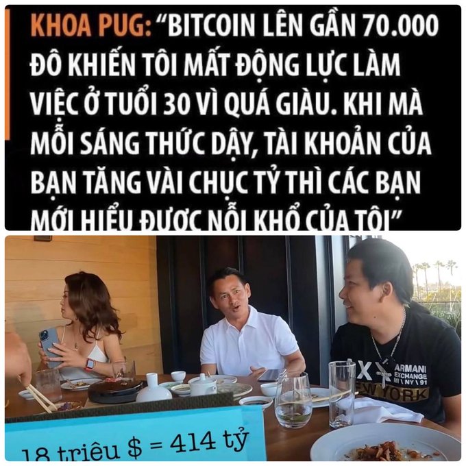 A Vietnamese-language meme featuring a quote attributed to "KHOA PUG" about Bitcoin rising to nearly 70,000 and losing motivation to work at 30 due to wealth, overlaid on a photo of a man in a white shirt dining with others, with text at the bottom reading '18 triệu $ = 414 tỷ'.