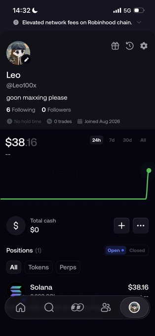 The screenshot shows a Robinhood crypto profile for user "Leo" (@Leo100x) with the bio "goon maxxing please," displaying a portfolio value of $38.16 from a single Solana position. This illustrates the "$30 and a dream" journey referenced in the caption, showing the account has grown slightly above the starting point with a meme-worthy profile bio.